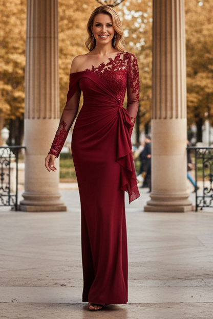 One-Shoulder Illusion Sleeve Satin Evening Gown