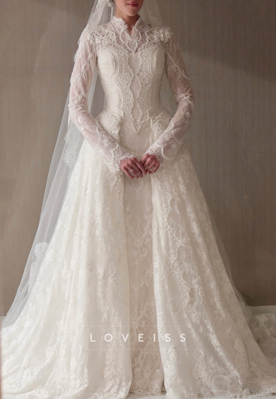 Long-Sleeve Pearl Lace High-Neck A-Line Wedding Dress