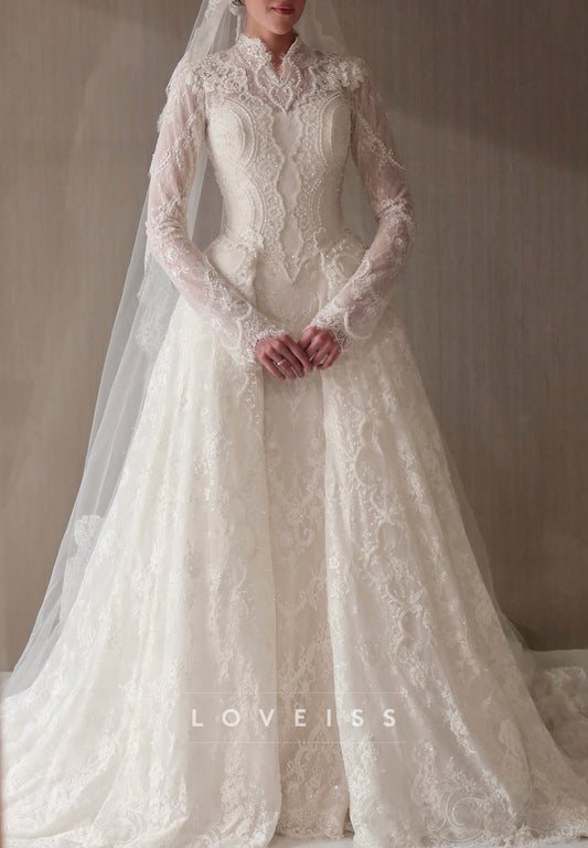 Long-Sleeve Pearl Lace High-Neck A-Line Wedding Dress