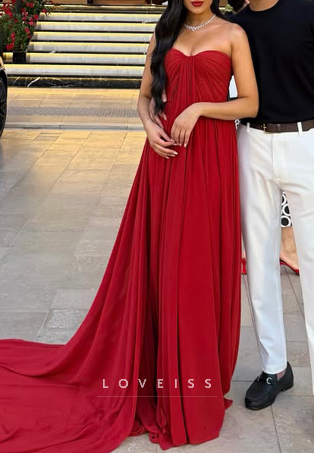 Strapless Ruched Bodice Gown with Flowing Train