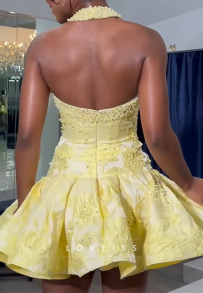 Pearl Beaded Halter Mini Dress with Bubble Skirt