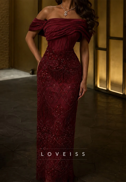 Off-the-Shoulder Beaded Fringe Column Gown
