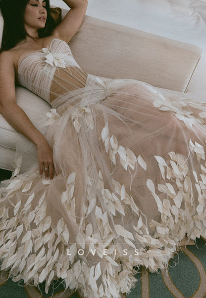 Strapless Leaf Appliqué Tulle Wedding Dress