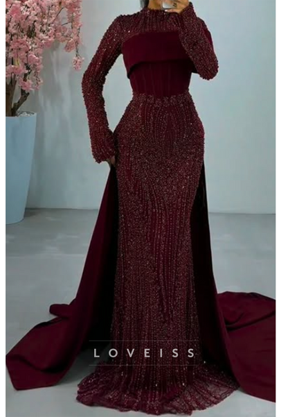 Beaded Mermaid Evening Gown with Detachable Train