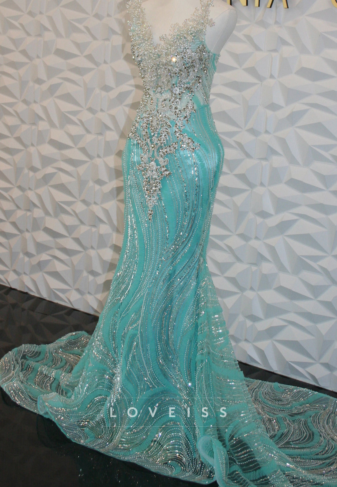 Beaded Mermaid Gown with Swirl Pattern Train
