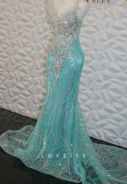 Beaded Mermaid Gown with Swirl Pattern Train
