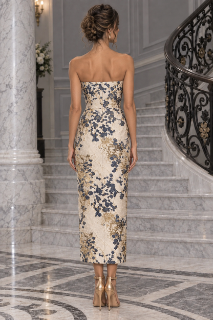 Strapless Floral Jacquard Column Midi Dress