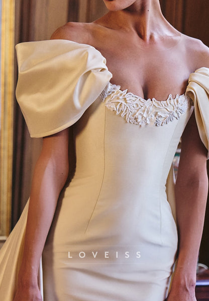 Off-Shoulder Satin Wedding Dress with Lace Applique Neckline