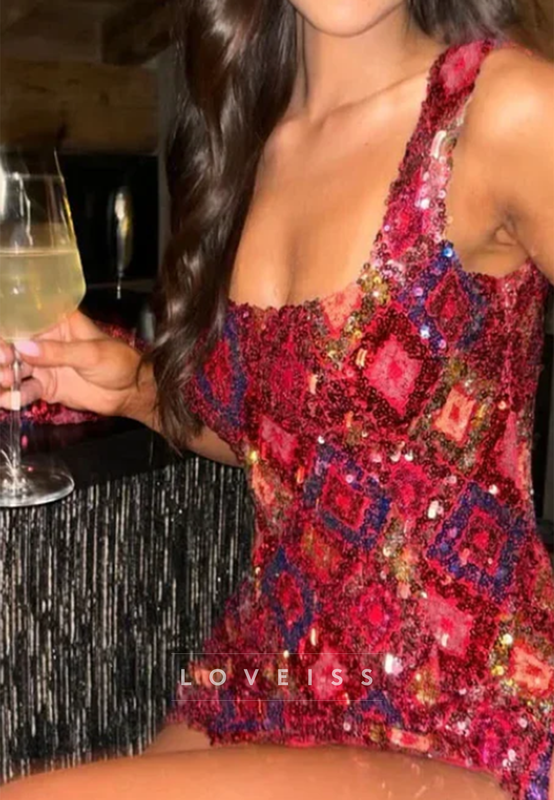 Square Neck Sequin Bodycon Mini Dress with Slit