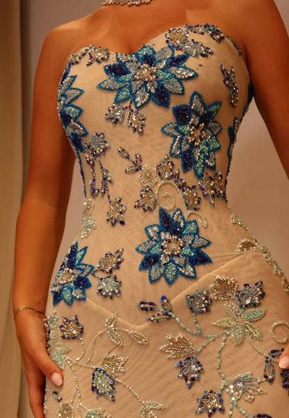 Strapless Floral Beaded Sheer Evening Gown