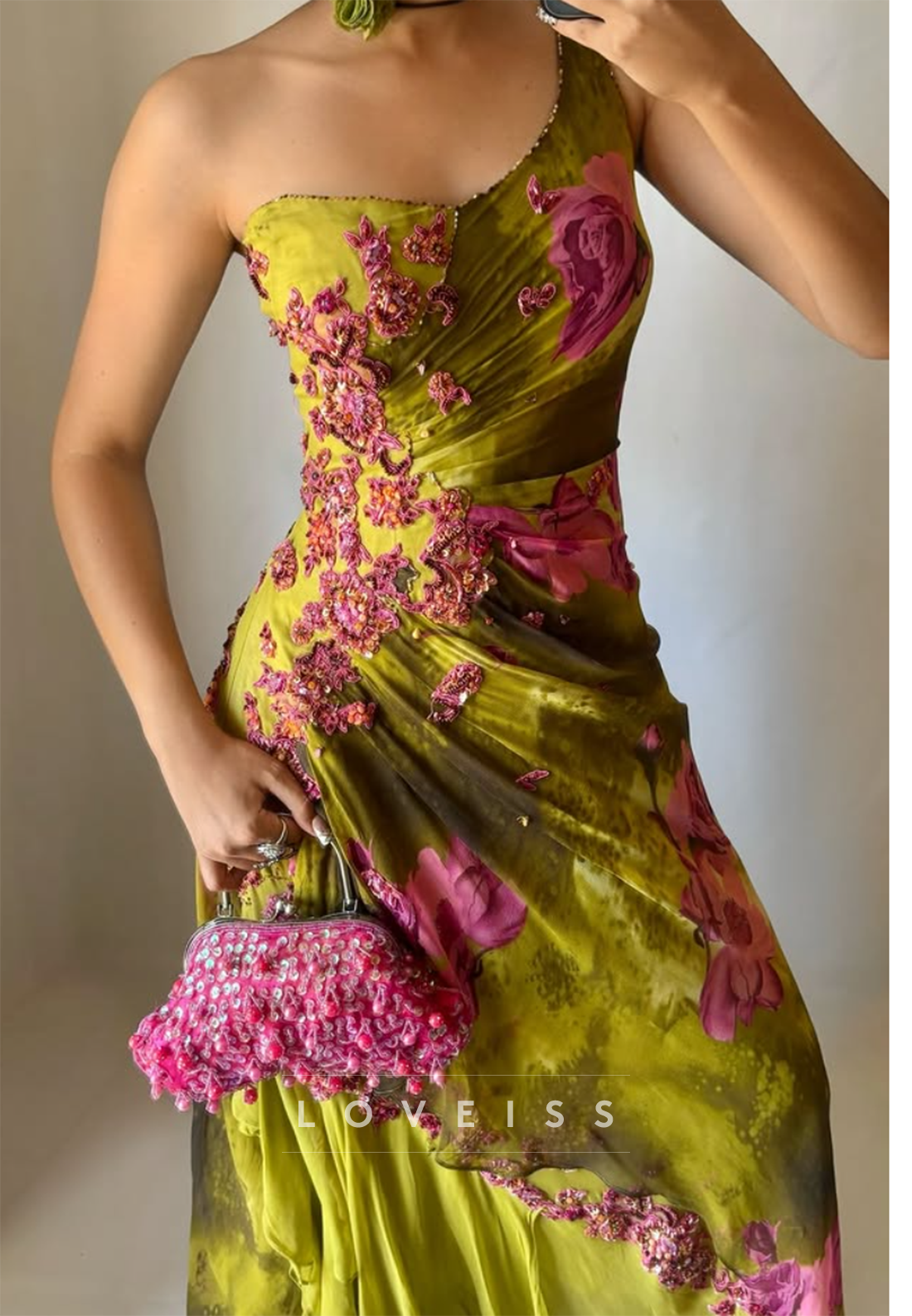 One-Shoulder Floral Applique Evening Gown