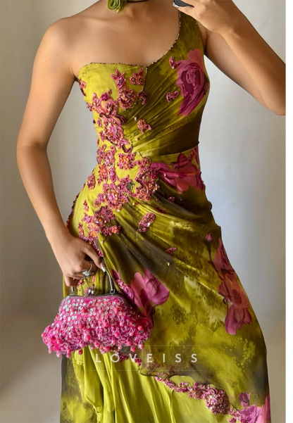 One-Shoulder Floral Applique Evening Gown
