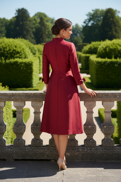 Wrap Knee-Length Dress with Bow-Accent 3/4 Sleeves