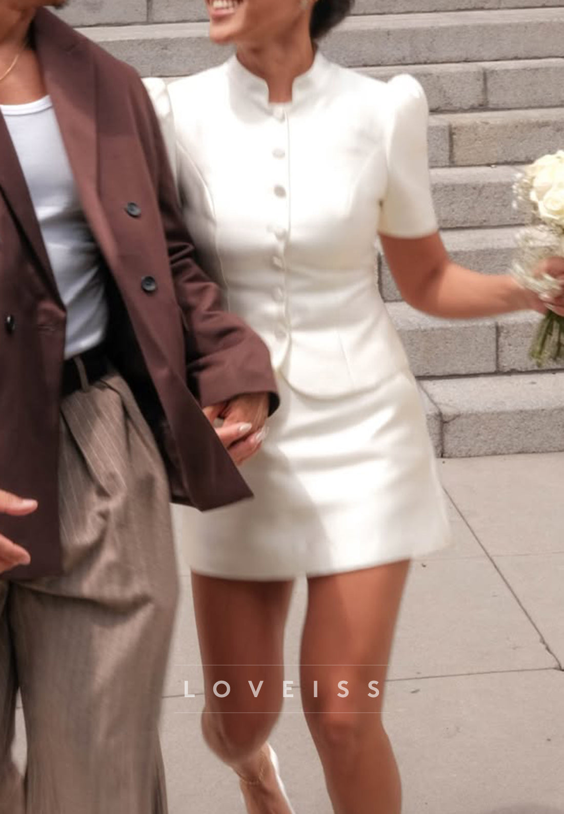 Short Sleeve Buttoned Mini Wedding Dress