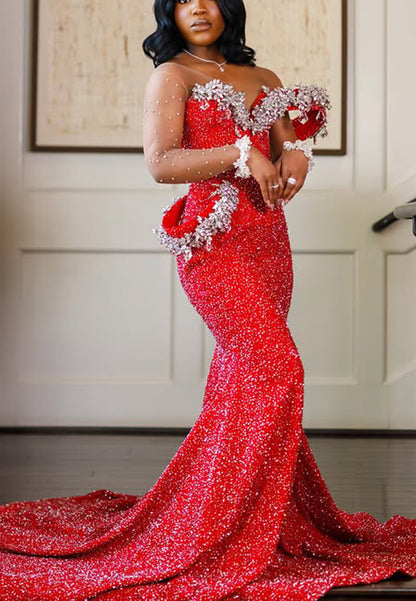 Beaded Mermaid Gown with Crystal Trim