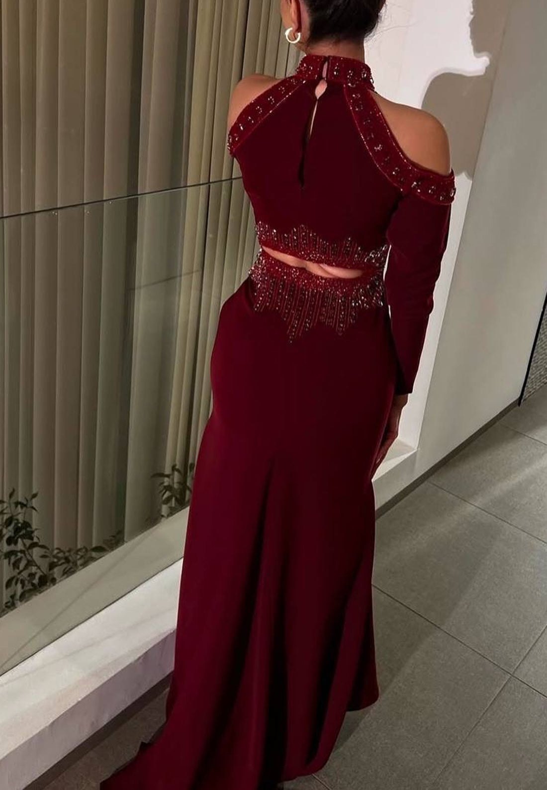 Beaded Cold Shoulder High Neck Evening Gown