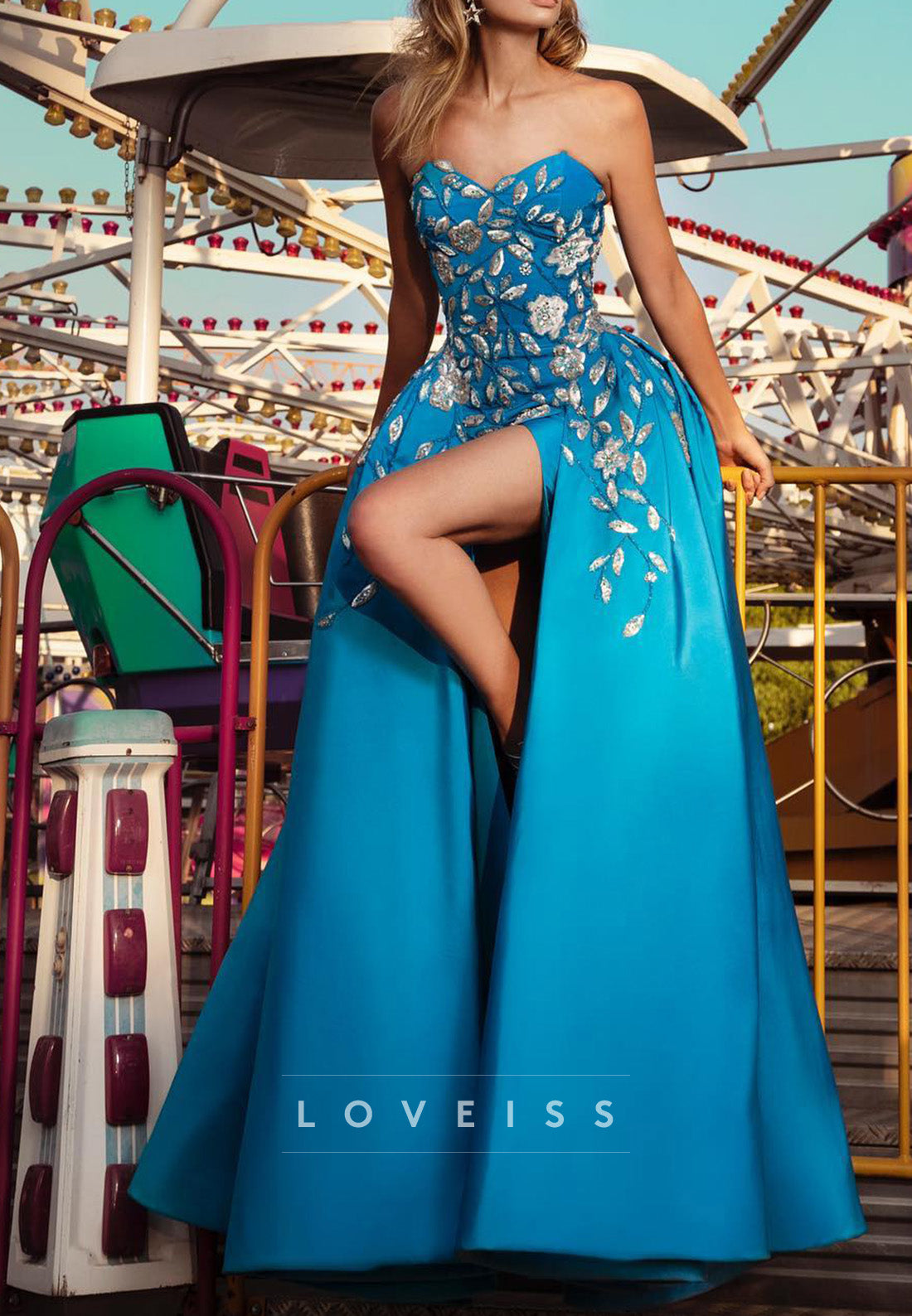 Strapless Embellished Gown with High Slit