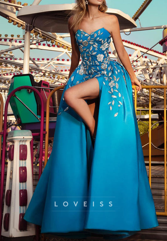 Strapless Embellished Gown with High Slit