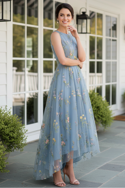 Floral Embroidered Tulle High-Low Sleeveless Dress