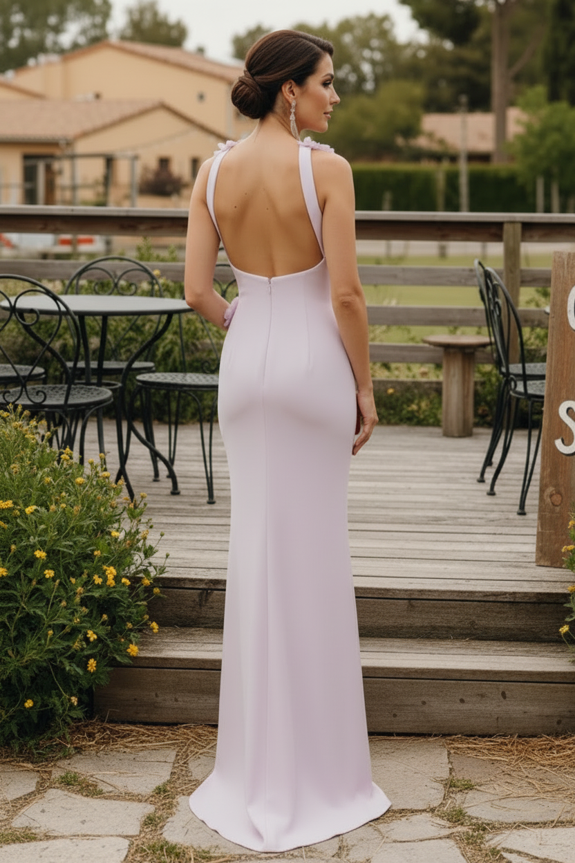 3D Floral Halter Neck Column Gown