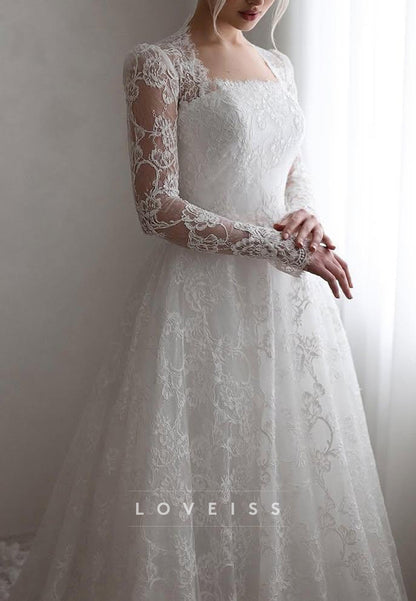 Long Sleeve High Neck A-Line Lace Wedding Gown