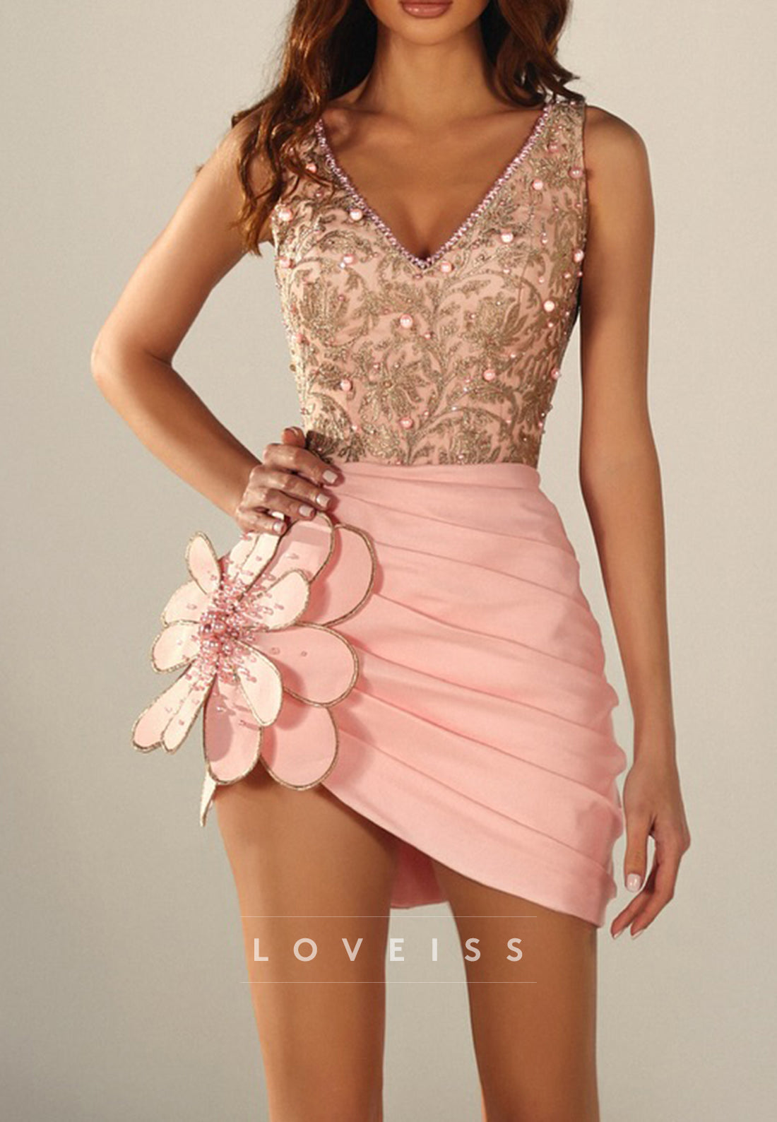 Embroidered V-Neck Ruched Mini Dress with 3D Flower