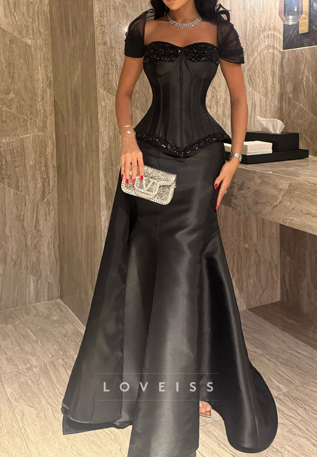 Corset Evening Gown with Beaded Cups and Overskirt