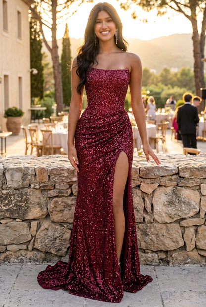 Strapless Sequin Gown with High Slit