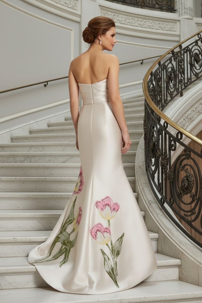 Strapless Tulip Embroidered Trumpet Gown
