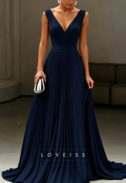 Sleeveless Pleated V-Neck A-Line Gown with Slit