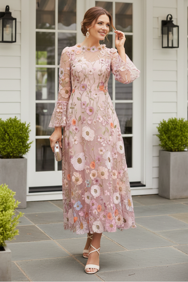 3D Floral Embroidered Midi Dress with Bell Sleeves