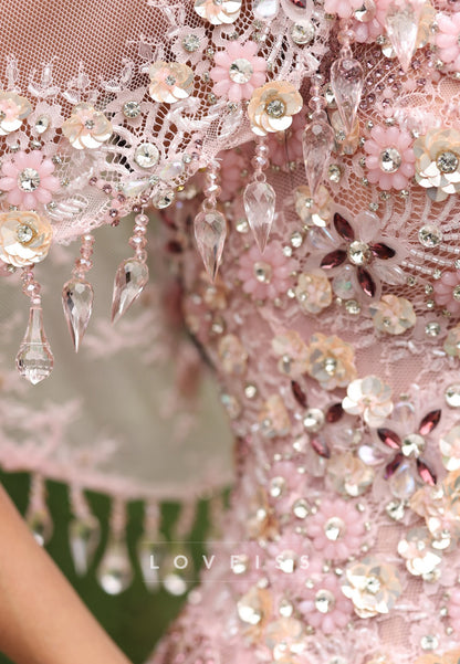 Embellished Sheath Gown with Hooded Veil Capelet
