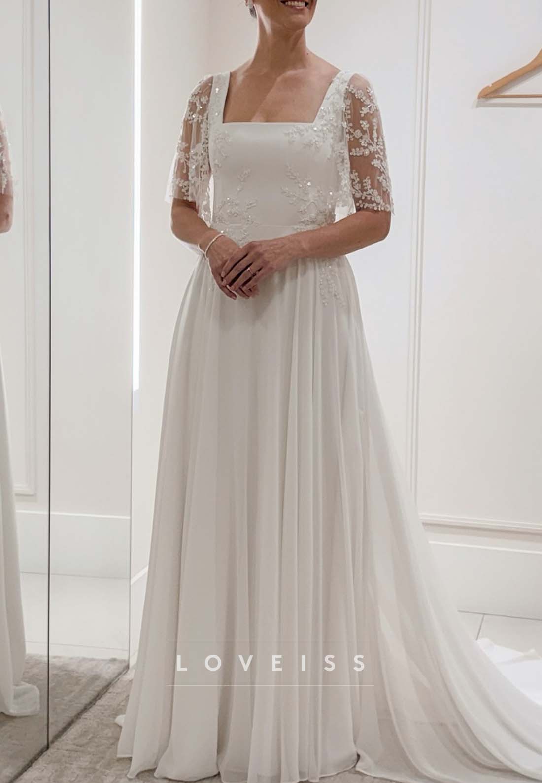 Square Neck A-Line Wedding Dress with Flutter Sleeves