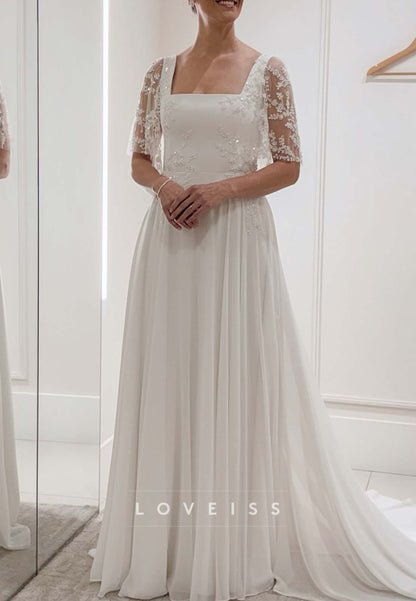 Square Neck A-Line Wedding Dress with Flutter Sleeves