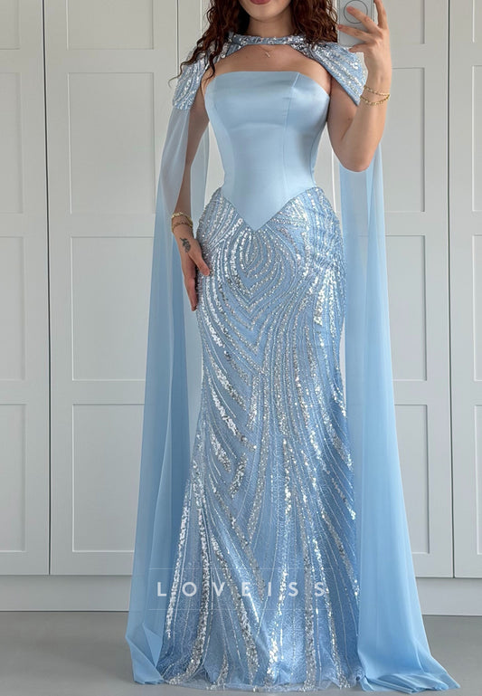 Strapless Sequin Mermaid Gown with Cape Sleeves