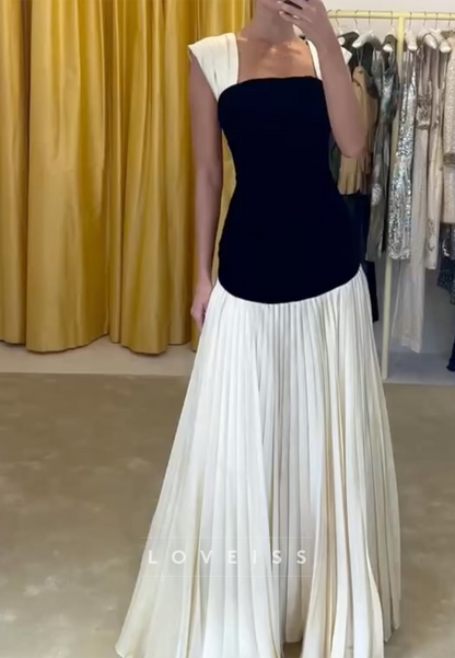 Drop Waist Pleated Evening Gown with Wide Straps