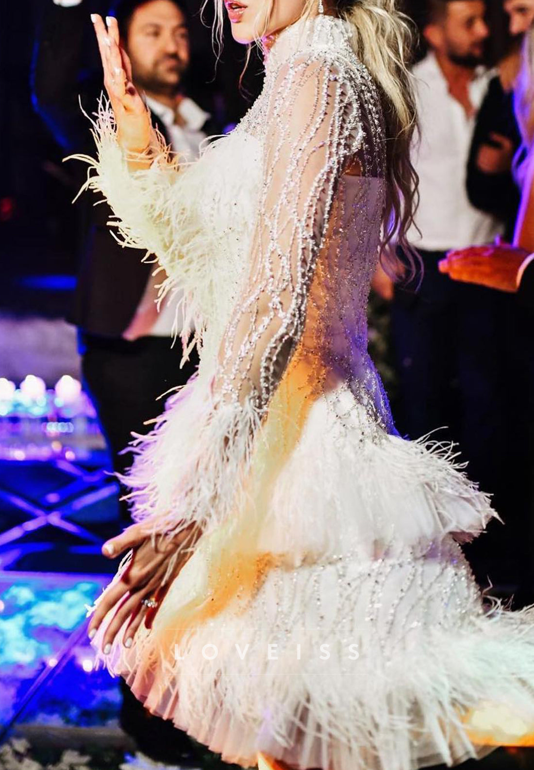 Beaded Feather High Neck Mini Dress