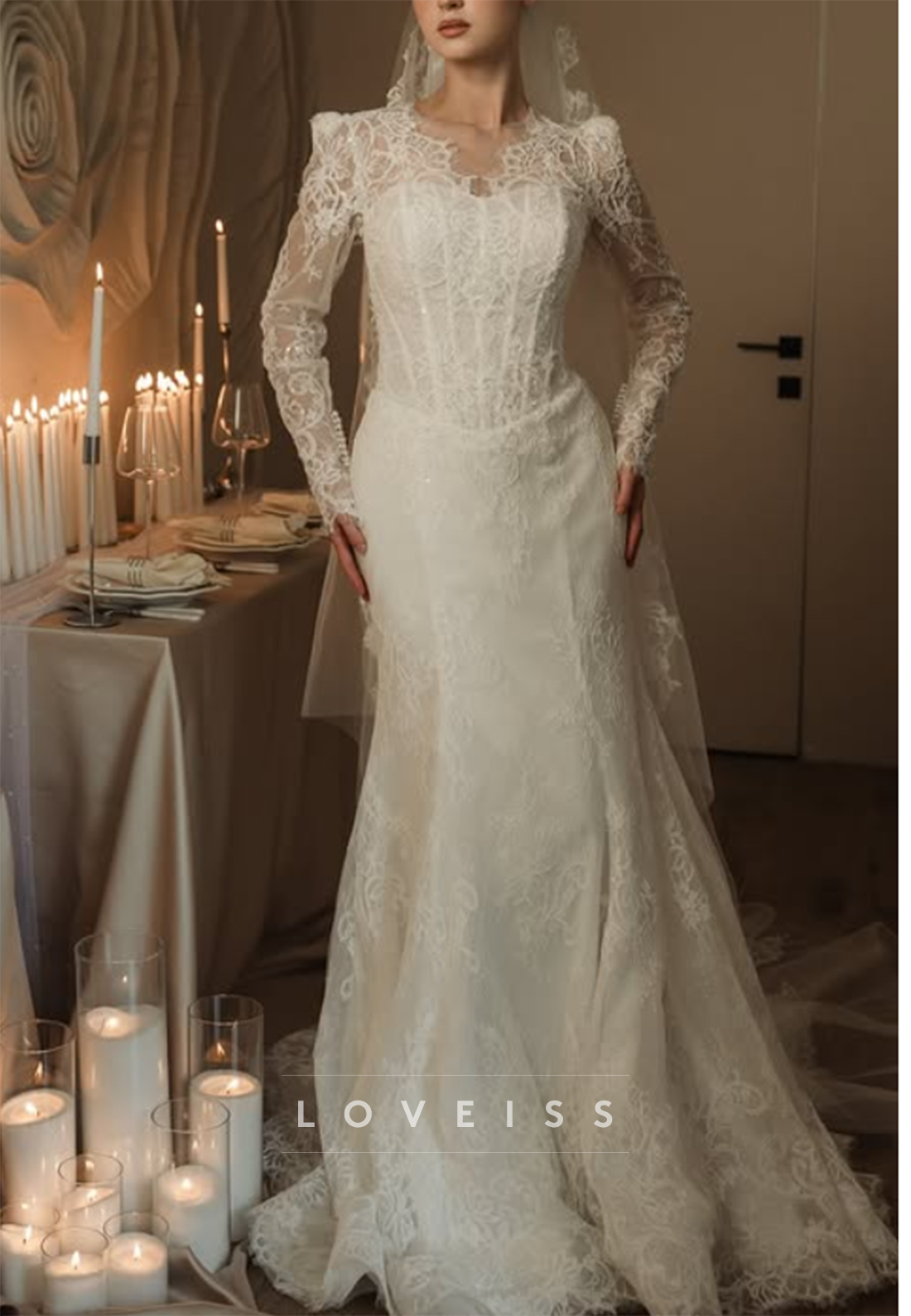 Long Sleeve Lace Mermaid Wedding Dress with Train