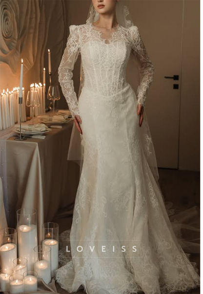 Long Sleeve Lace Mermaid Wedding Dress with Train