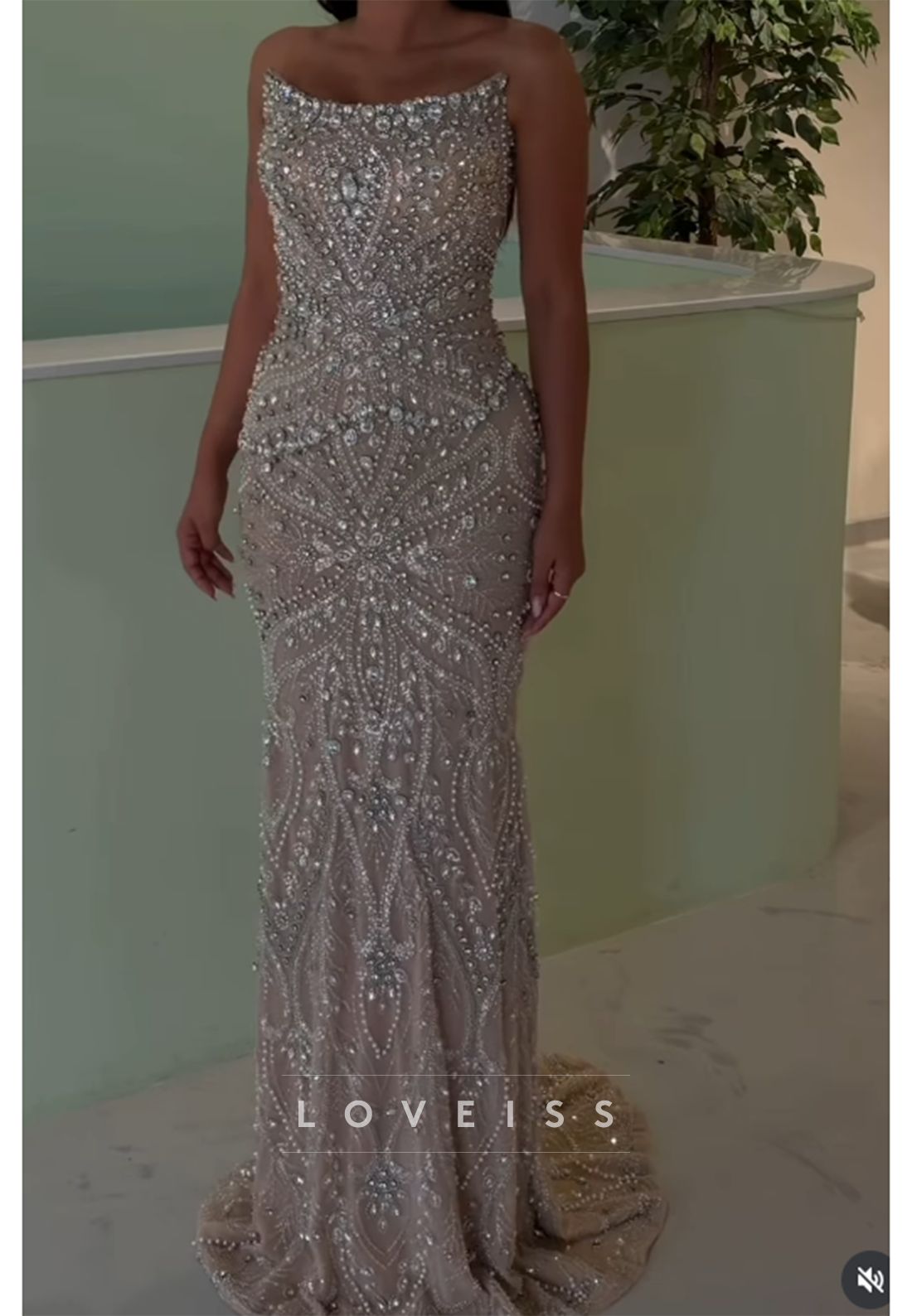 Strapless Crystal Beaded Floor-Length Evening Gown