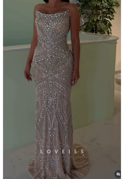 Strapless Crystal Beaded Floor-Length Evening Gown