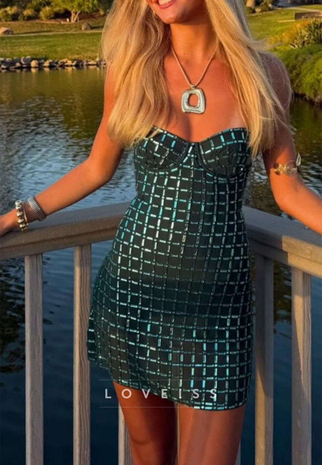 Grid Embellished Bustier Mini Dress