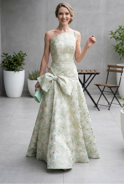 One-Shoulder Floral Jacquard Gown with Bow