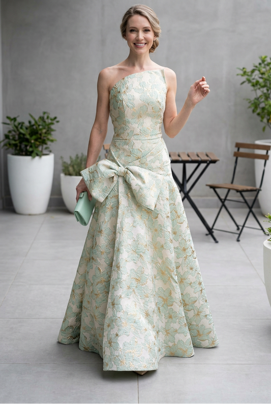 One-Shoulder Floral Jacquard Gown with Bow