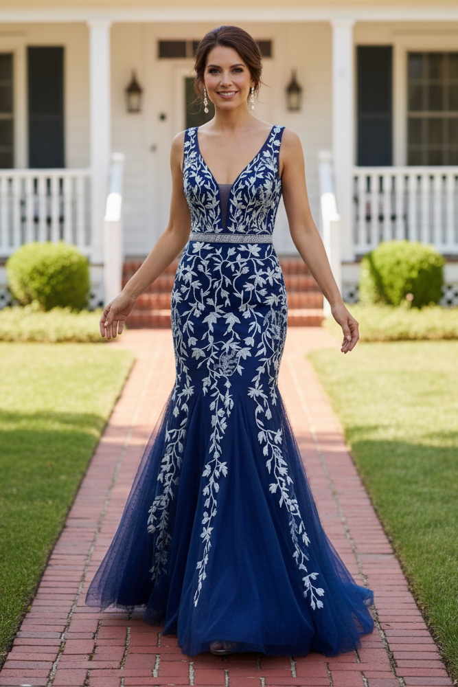 Embroidered Tulle Mermaid Formal Gown