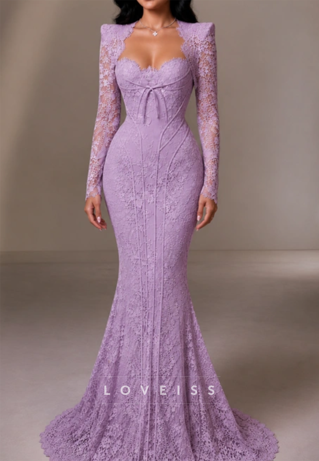 Lace Long-Sleeve Mermaid Gown with Sweetheart Neckline