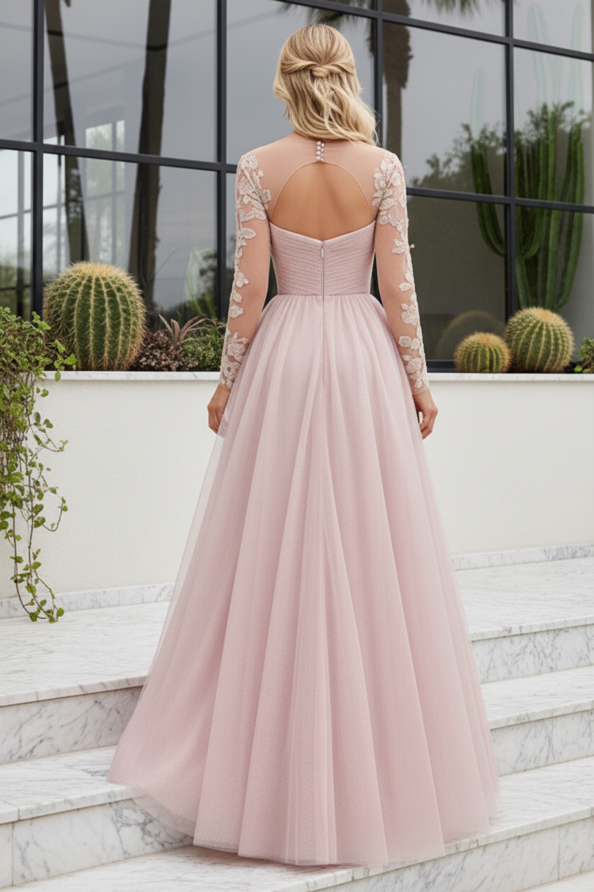 Illusion Long Sleeve A-Line Gown with High Slit
