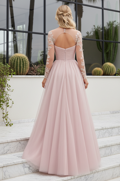 Illusion Long Sleeve A-Line Gown with High Slit