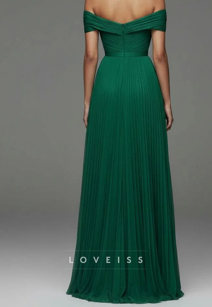 Off-the-Shoulder Pleated Chiffon A-Line Gown