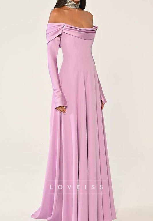 Off-the-Shoulder Long Sleeve Draped Evening Gown